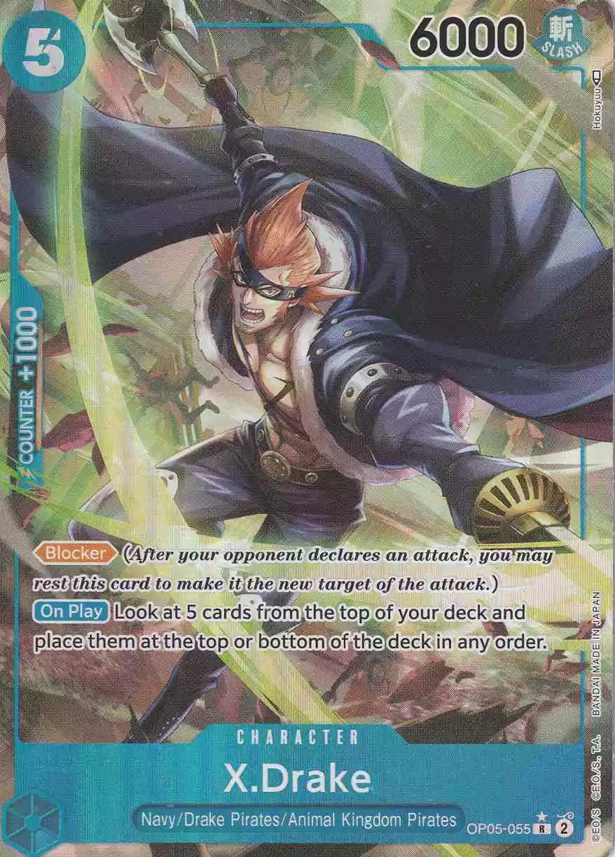 op05-055-a-x-drake-rare-awakening-of-the-new-era X.Drake OP05-055 ist in Rare. Die One Piece Karte ist aus Awakening of the New Era in Parallel Alternative Art.