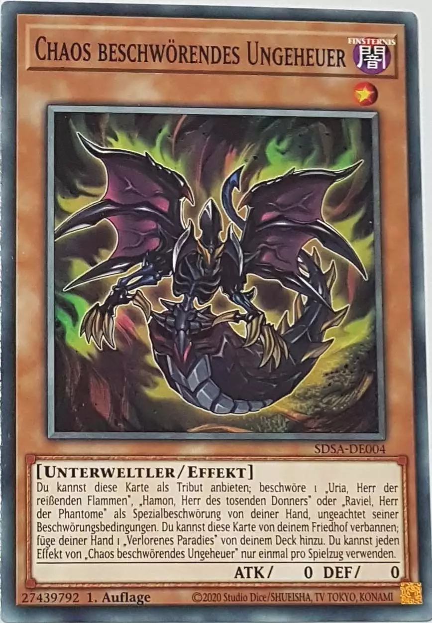 Chaos beschwörendes Ungeheuer SDSA-DE004 ist in Common Yu-Gi-Oh Karte aus Sacred Beasts 1.Auflage