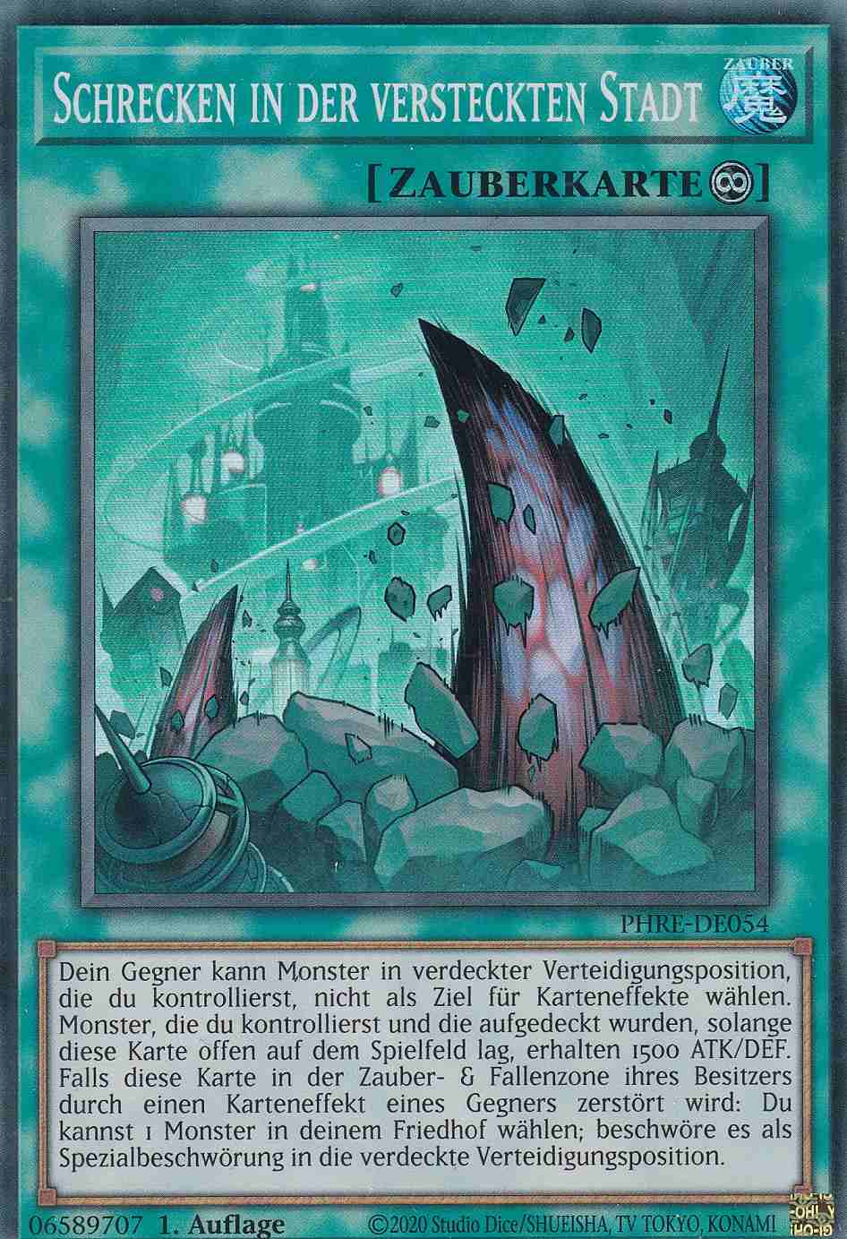 Schrecken in der versteckten Stadt Super Rare PHRE-DE054-S Yugioh Karte Schrecken in der versteckten Stadt PHRE-DE054-S ist in Super Rare Yu-Gi-Oh Karte aus Phantom Revenge 1.Auflage