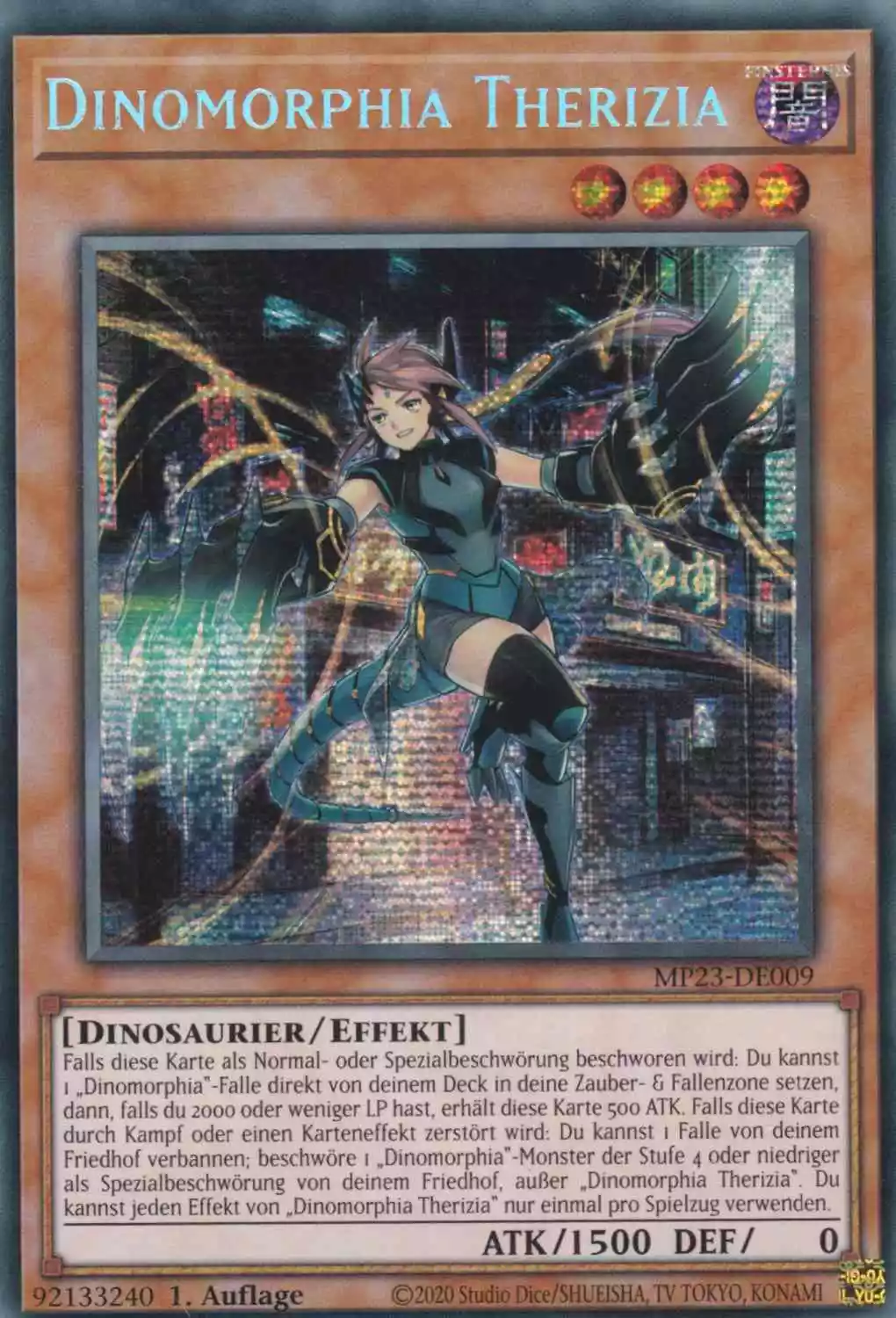 Dinomorphia Therizia MP23-DE009 ist in Prismatic Secret Rare Yu-Gi-Oh Karte aus 25th Anniversary Tin Dueling Heroes 1.Auflage