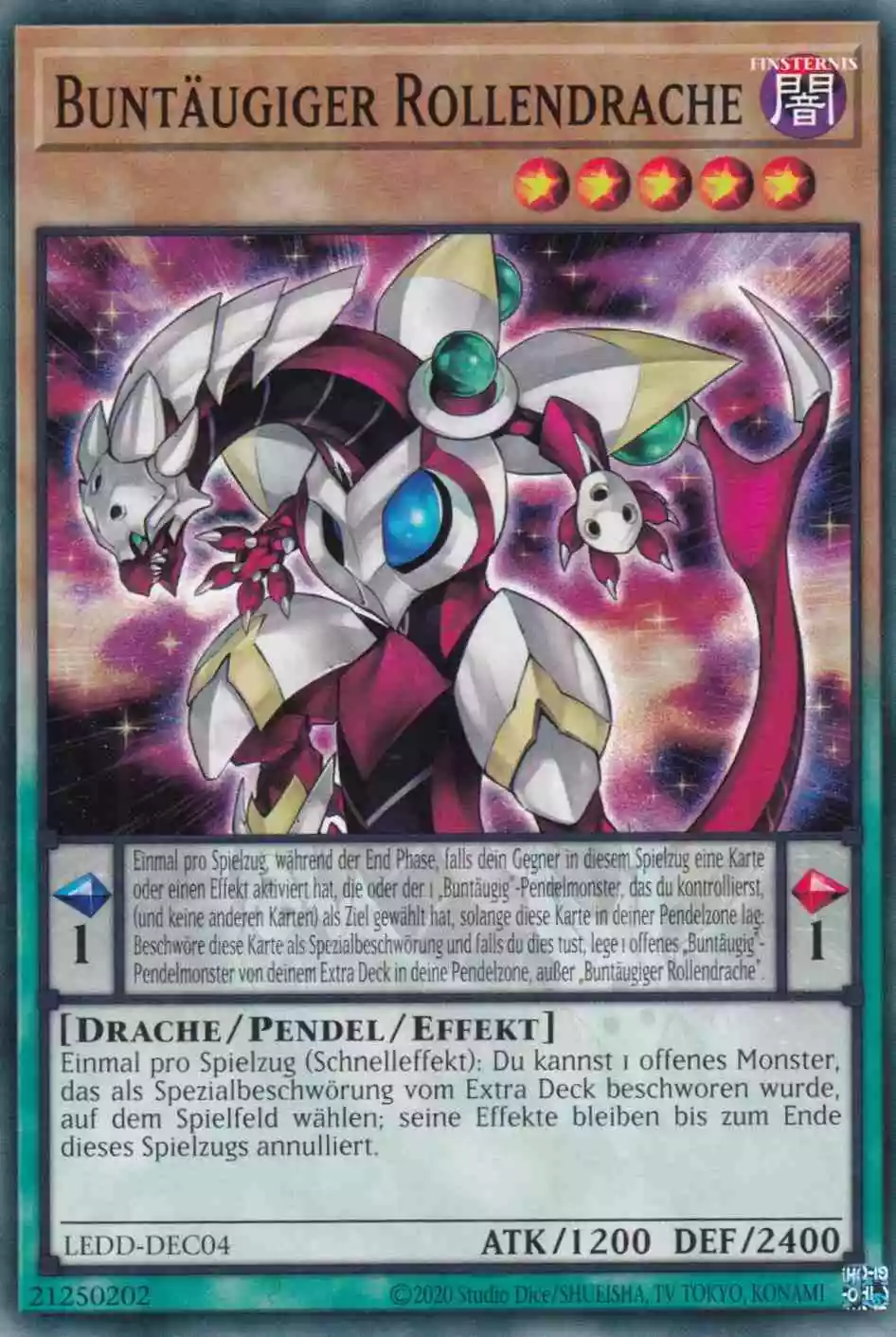 Buntäugiger Rollendrache Common LEDD-DEC04 Yugioh Karte Buntäugiger Rollendrache LEDD-DEC04 ist in Common Yu-Gi-Oh Karte aus Legendary Dragon Decks unlimitiert