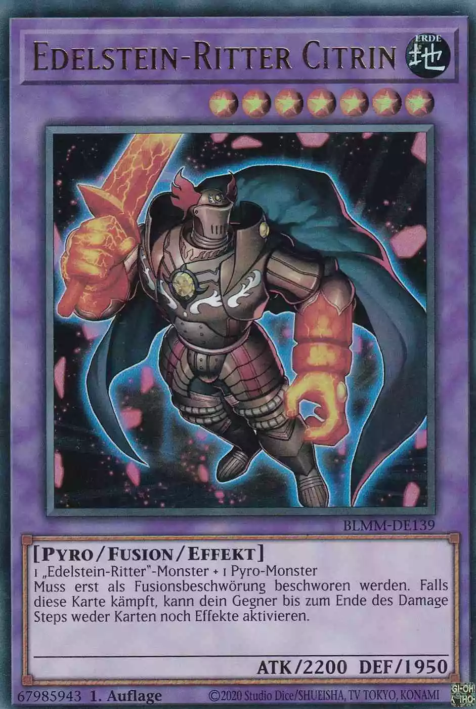 Edelstein-Ritter Citrin Ultra Rare BLMM-DE139 Yugioh Karte Edelstein-Ritter Citrin BLMM-DE139 ist in Ultra Rare Yu-Gi-Oh Karte aus Battles of Legend Monster Mayhem 1.Auflage