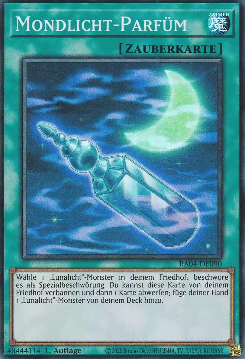 Mondlicht-Parfüm Super Rare RA04-DE090 Yugioh Karte Mondlicht-Parfüm RA04-DE090 ist in Super Rare Yu-Gi-Oh Karte aus Quarter Century Stampede 1.Auflage