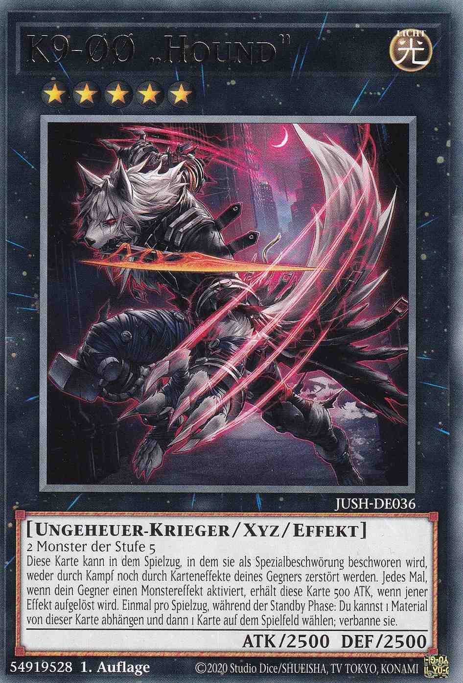 K9-ØØ „Hound“ JUSH-DE036 ist in Rare Yu-Gi-Oh Karte aus Justice Hunters 1.Auflage