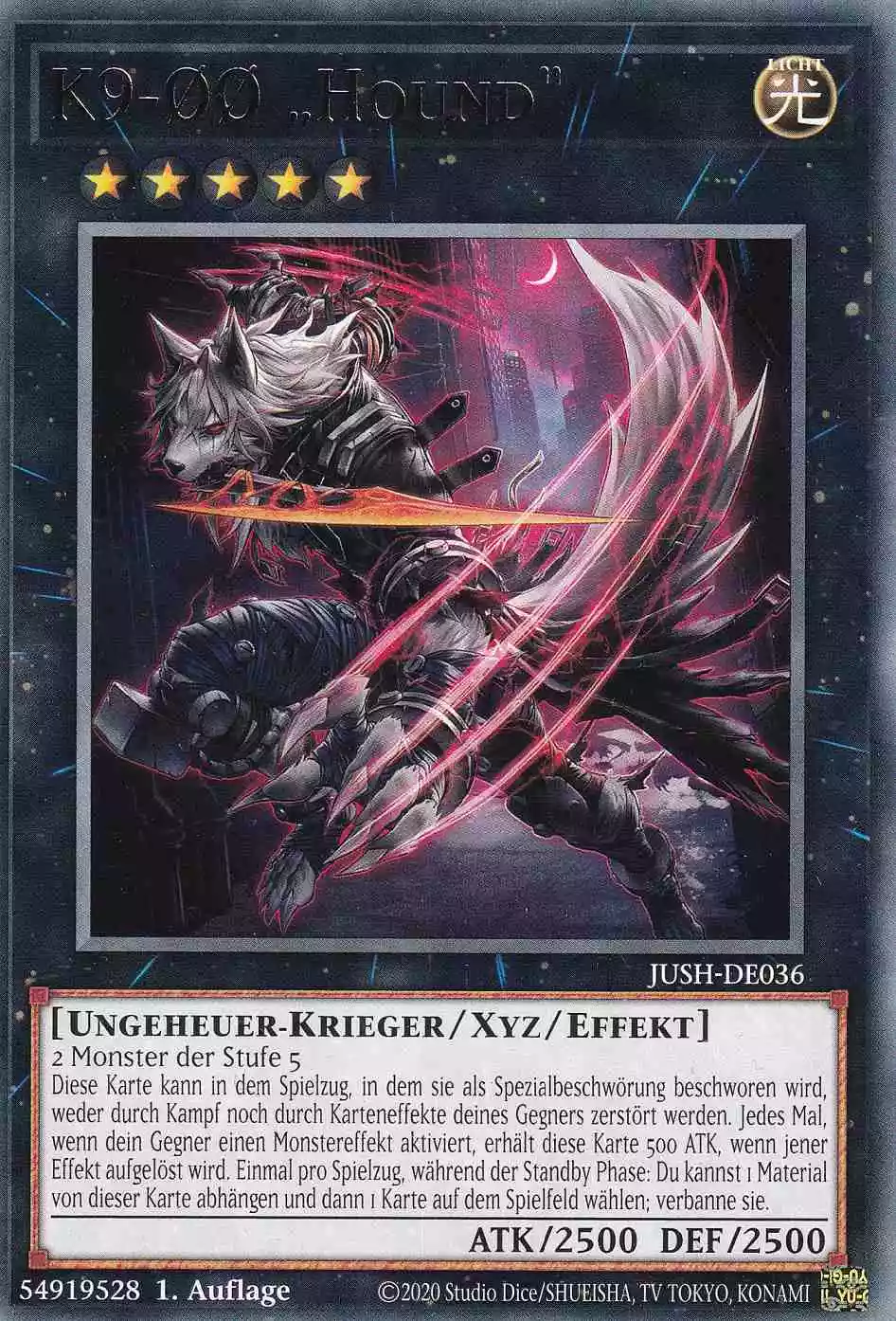 K9-ØØ „Hound“ JUSH-DE036 ist in Rare Yu-Gi-Oh Karte aus Justice Hunters 1.Auflage