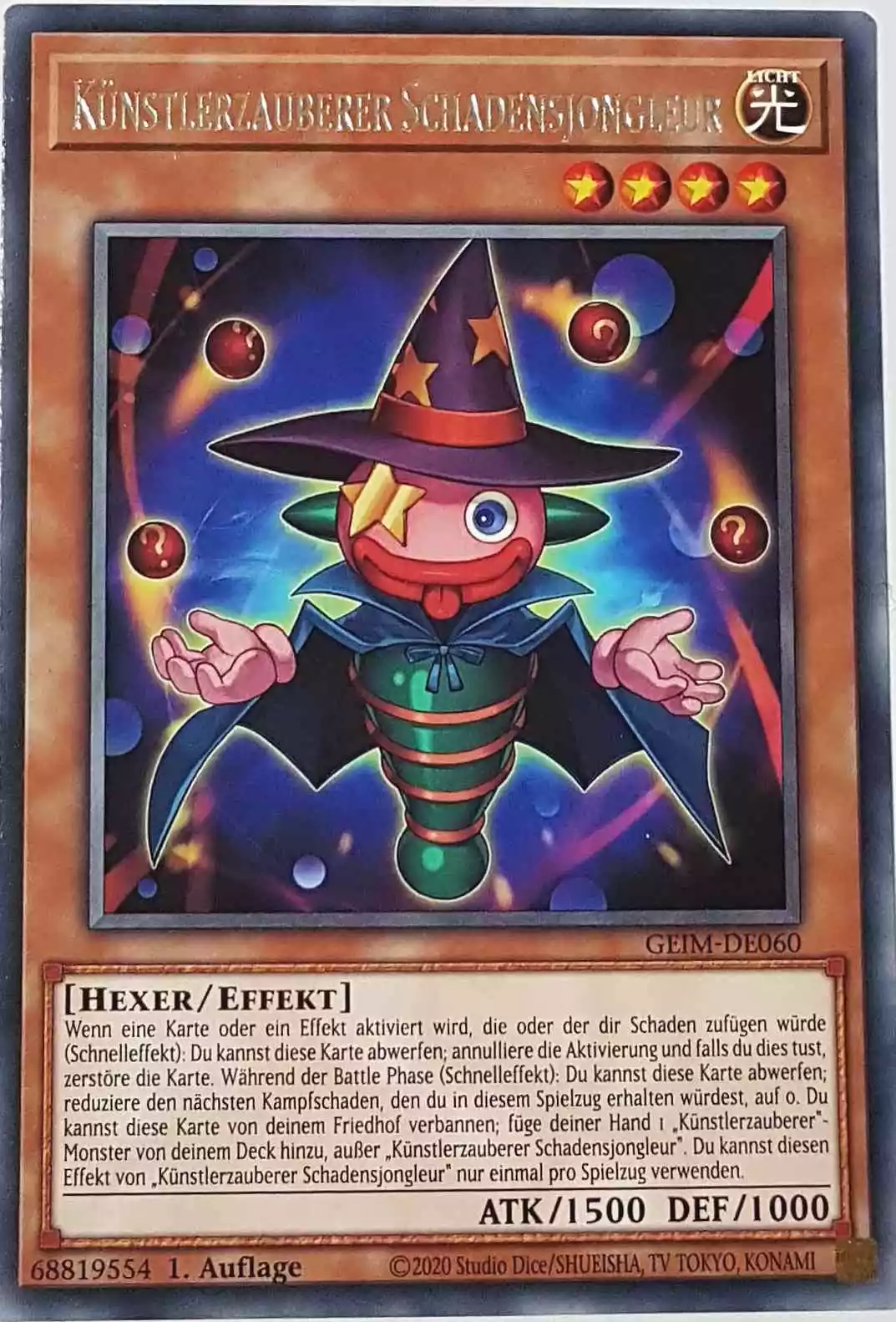 Künstlerzauberer Schadensjongleur GEIM-DE060 ist in Rare Yu-Gi-Oh Karte aus Genesis Impact 1. Auflage