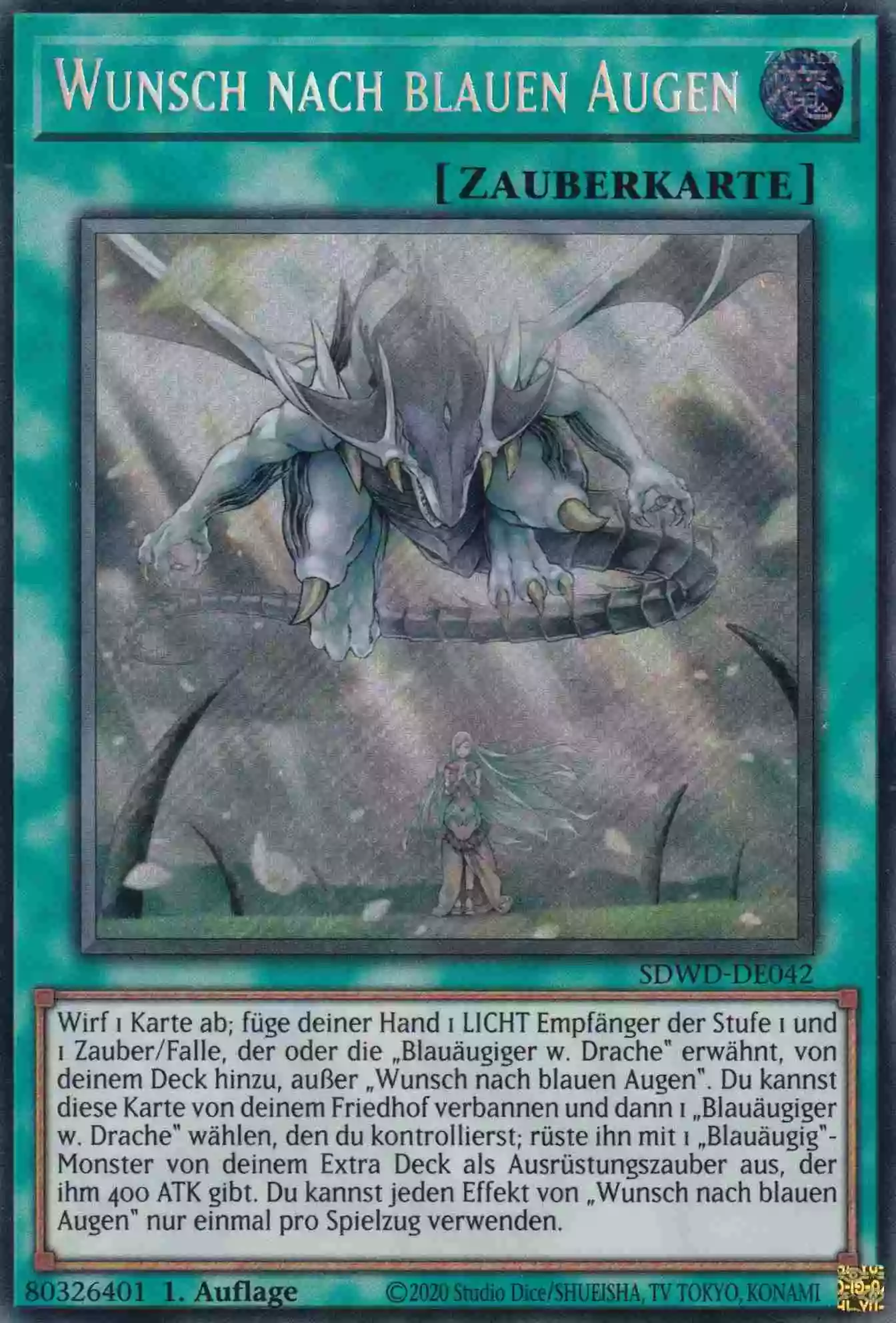 Wunsch nach blauen Augen SDWD-DE042-SCR ist in Secret Rare Yu-Gi-Oh Karte aus Blue-Eyes White Destiny 1.Auflage