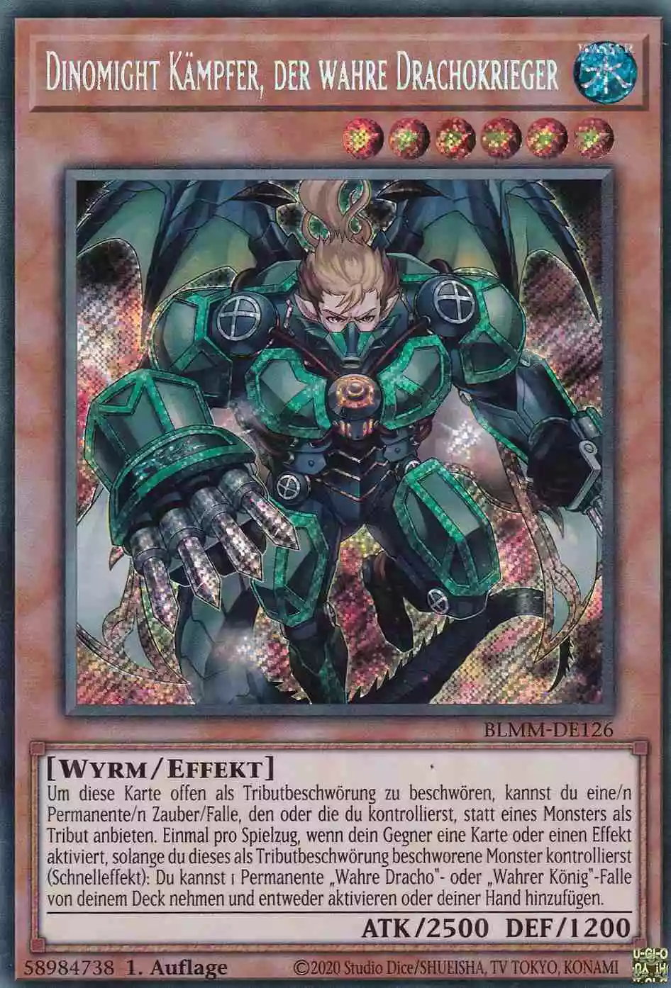 Dinomight Kämpfer, der wahre Drachokrieger Secret Rare BLMM-DE126 Yugioh Karte Dinomight Kämpfer, der wahre Drachokrieger BLMM-DE126 ist in Secret Rare Yu-Gi-Oh Karte aus Battles of Legend Monster Mayhem 1.Auflage