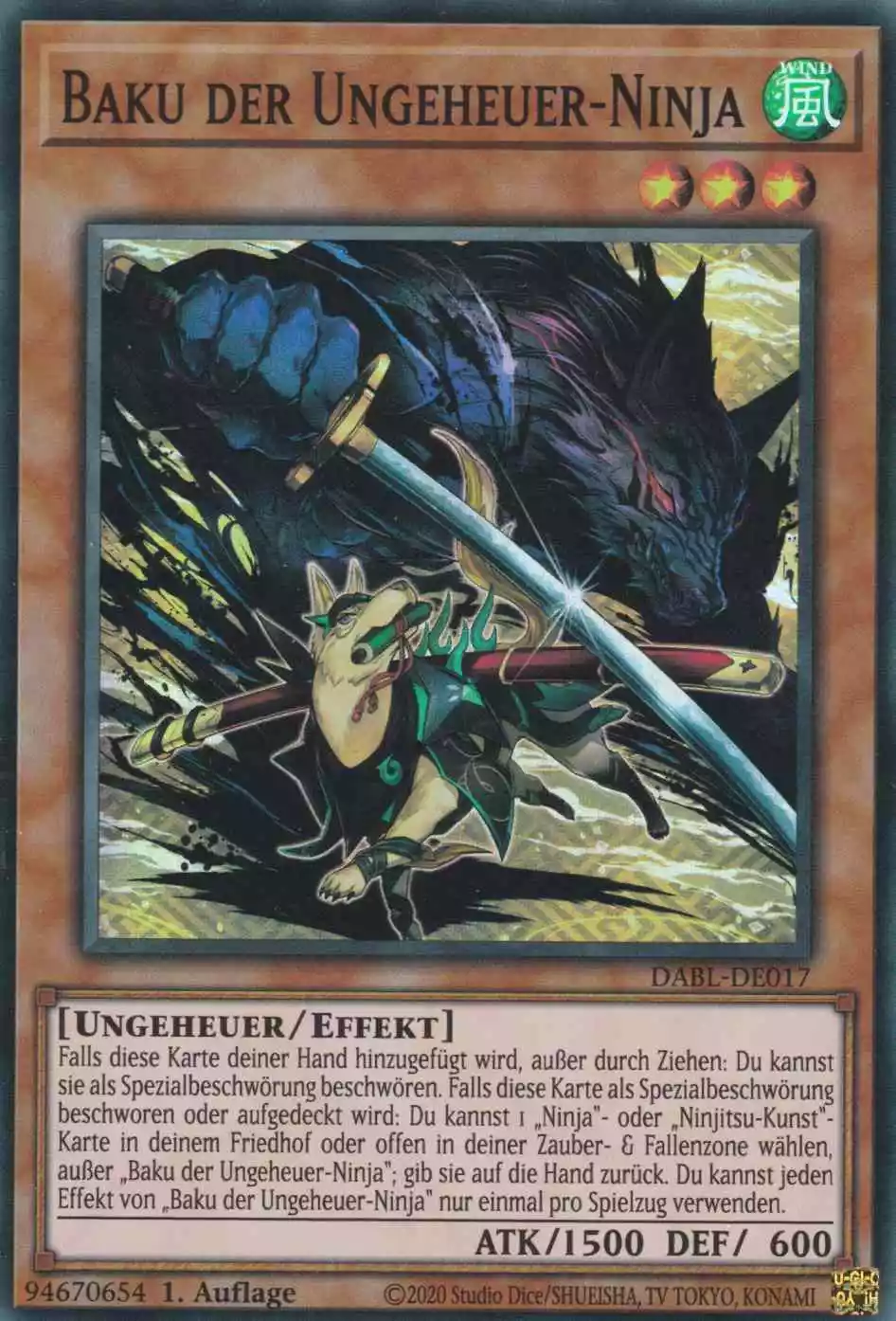 dabl-de017-baku-der-ungeheuer-ninja-super-rare-darkwing-blast Baku der Ungeheuer-Ninja DABL-DE017 ist in Super Rare Yu-Gi-Oh Karte aus Darkwing Blast 1.Auflage