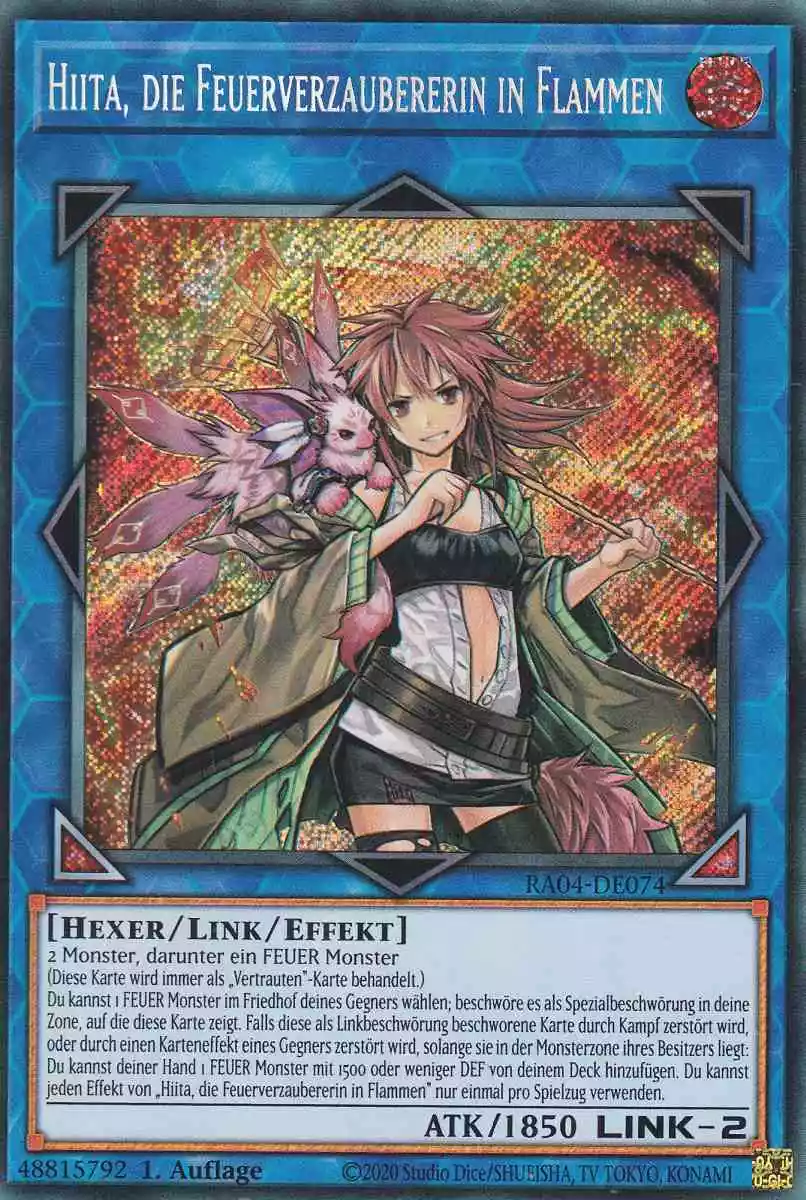 Hiita, die Feuerverzaubererin in Flammen RA04-DE074 ist in Secret Rare Yu-Gi-Oh Karte aus Quarter Century Stampede 1.Auflage