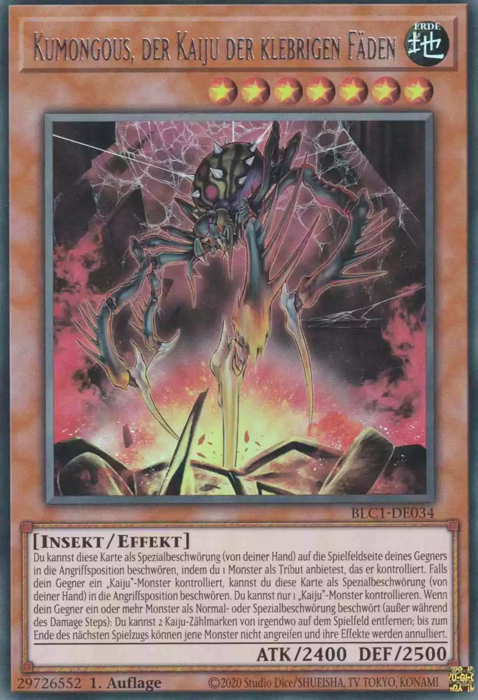 Kumongous, der Kaiju der klebrigen Fäden BLC1-DE034 ist in Silber Ultra Rare Yu-Gi-Oh Karte aus Battles of Legend Chapter 1 1.Auflage