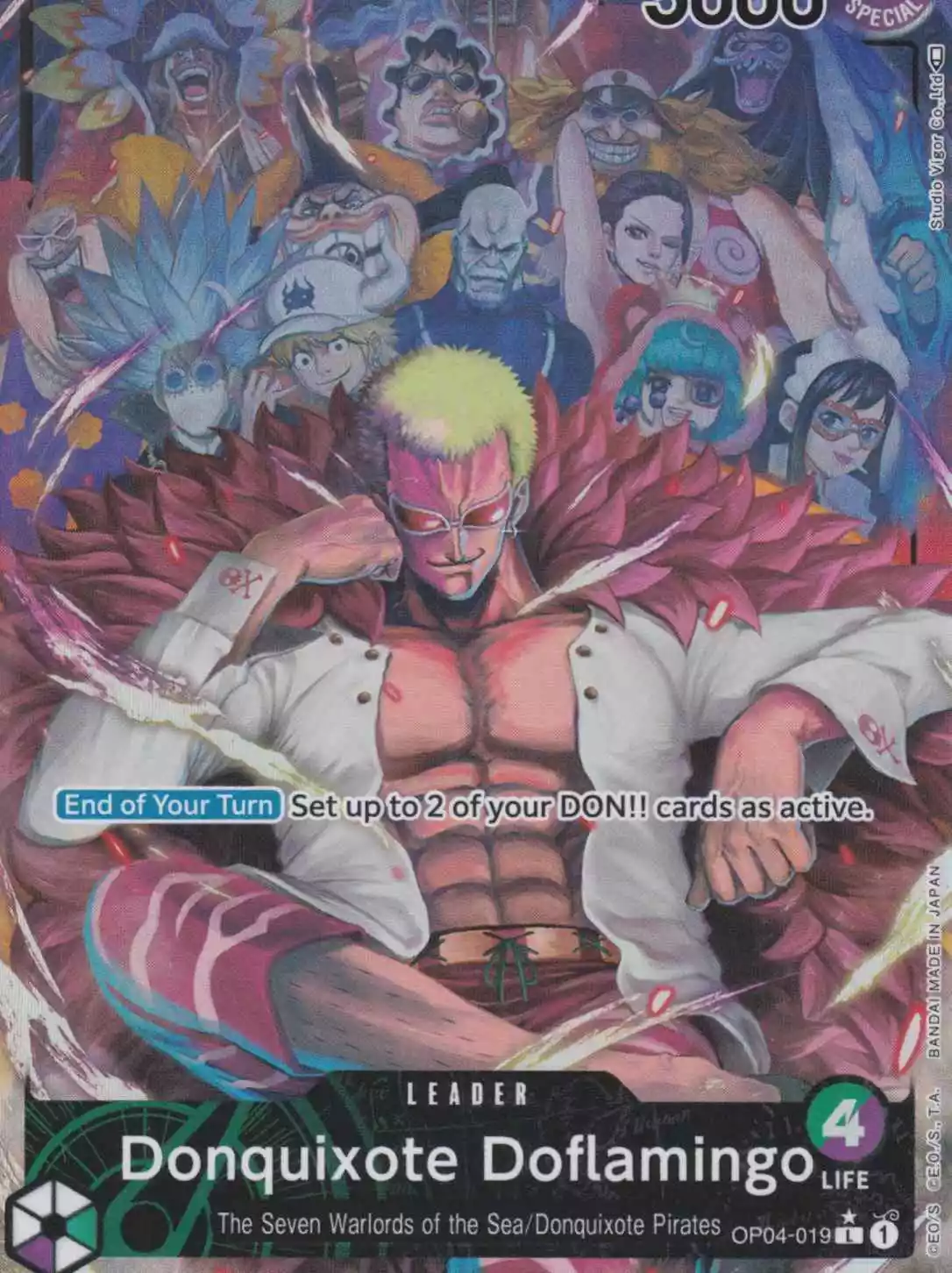 op04-019-a-donquixote-doflamingo-leader-kingdoms-of-intrigue Donquixote Doflamingo OP04-019 ist in Leader. Die One Piece Karte ist aus Kingdoms Of Intrigue in Parallel Alternative Art.