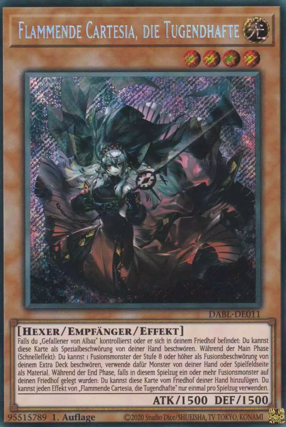 Flammende Cartesia, die Tugendhafte DABL-DE011 ist in Secret Rare Yu-Gi-Oh Karte aus Darkwing Blast 1.Auflage
