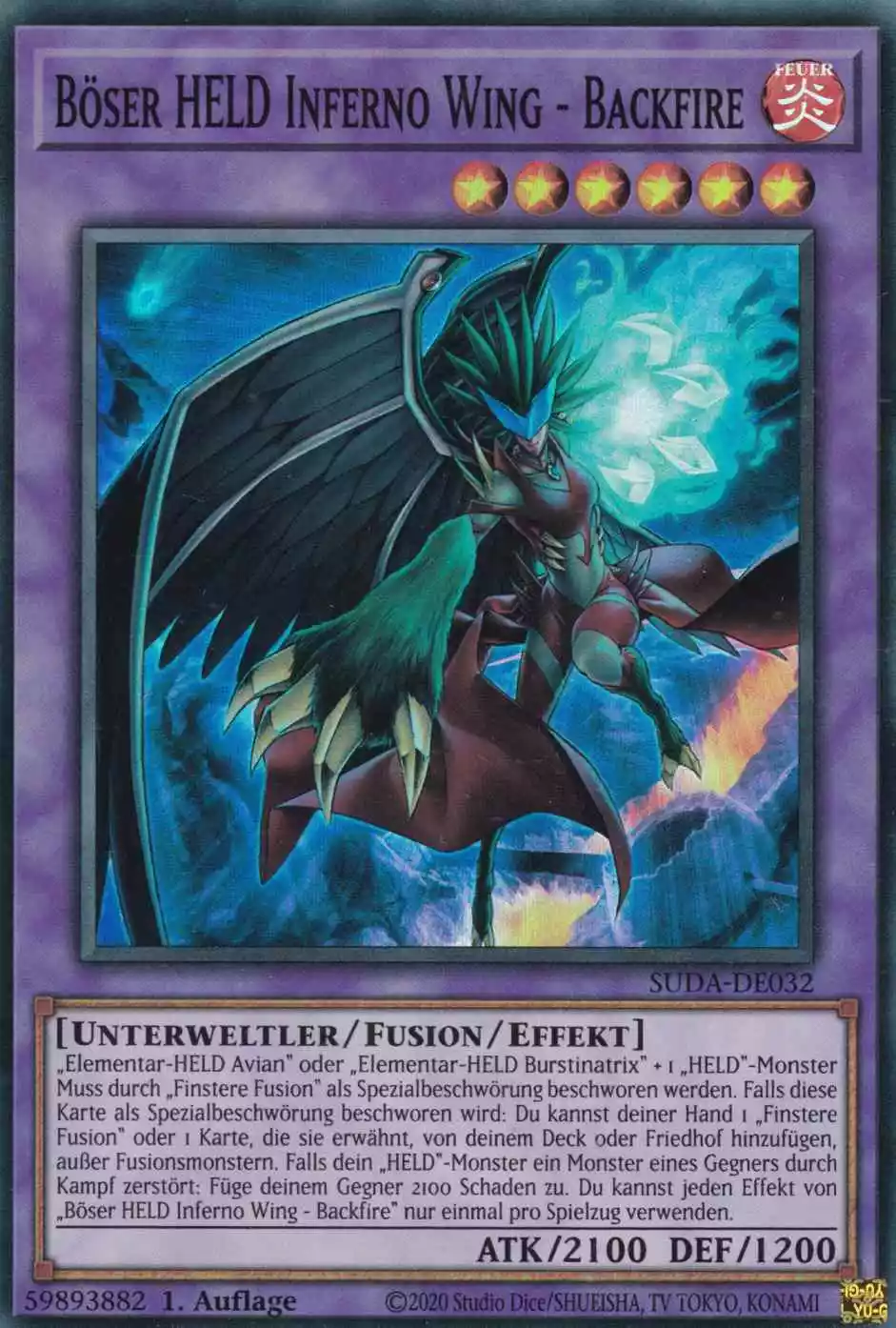 Böser HELD Inferno Wing - Backfire SUDA-DE032 ist in Super Rare Yu-Gi-Oh Karte aus Supreme Darkness 1.Auflage