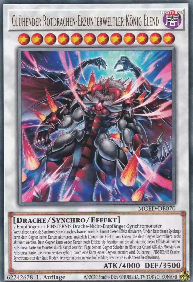 Glühender Rotdrachen-Erzunterweltler König Elend MGED-DE070 ist in Rare Yu-Gi-Oh Karte aus Maximum Gold El Dorado 1.Auflage