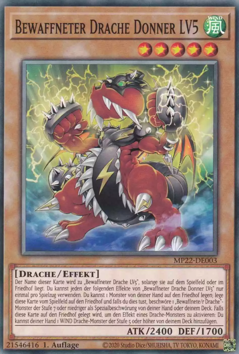 Bewaffneter Drache Donner LV5 MP22-DE003 ist in Common Yu-Gi-Oh Karte aus Tin of the Pharaoh’s Gods 1.Auflage