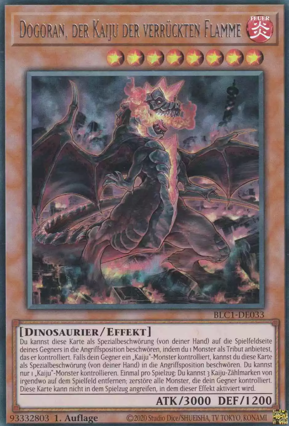 Dogoran, der Kaiju der verrückten Flamme BLC1-DE033 ist in Silber Ultra Rare Yu-Gi-Oh Karte aus Battles of Legend Chapter 1 1.Auflage