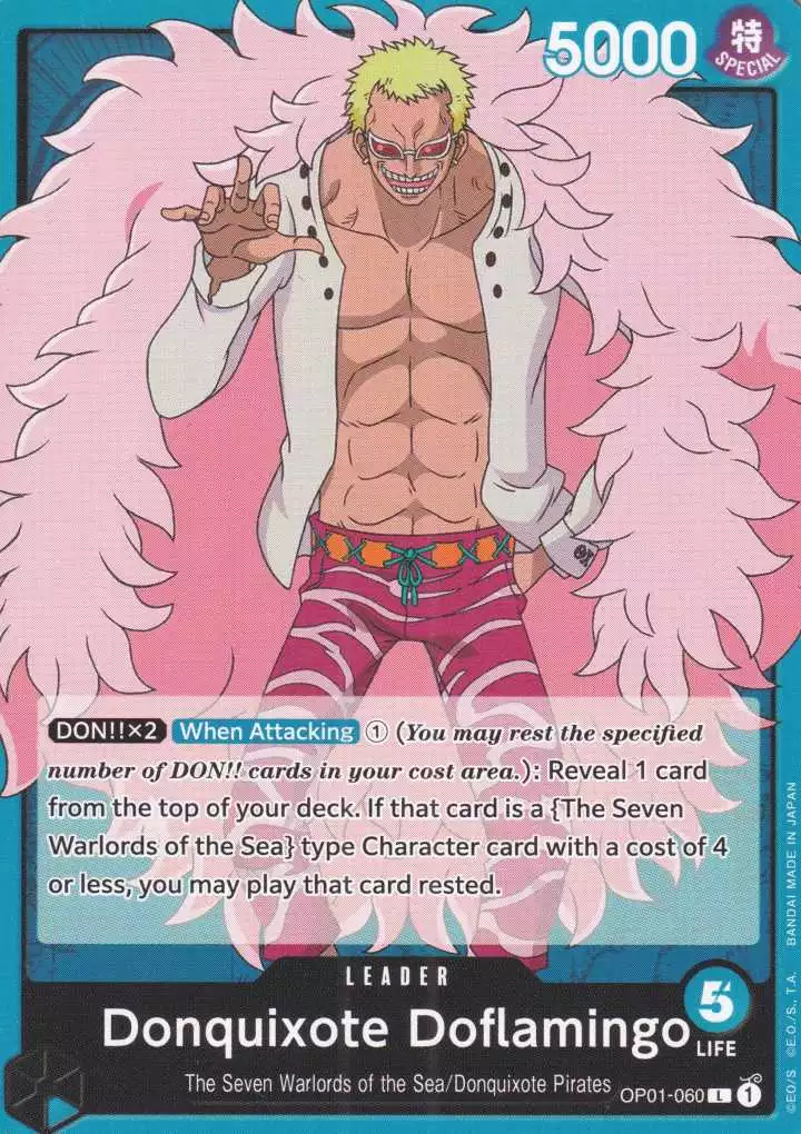 op01-060-donquixote-doflamingo-leader-romance-dawn Donquixote Doflamingo OP01-060 ist in Leader. Die One Piece Karte ist aus Romance Dawn in Normal Art.