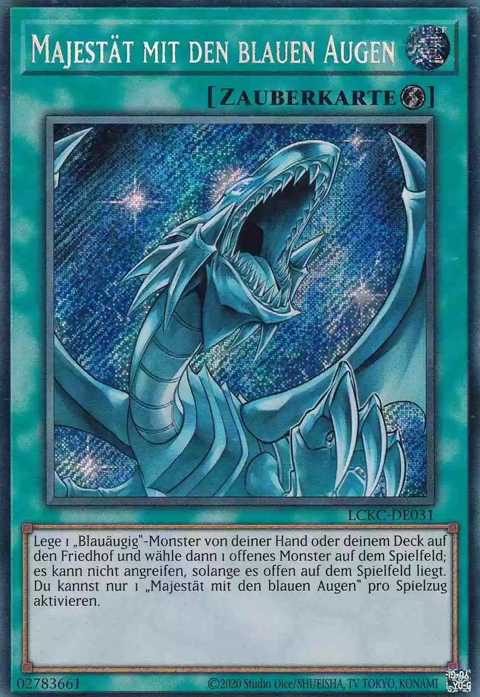 Majestät mit den blauen Augen Secret Rare LCKC-DE031 Yugioh Karte Majestät mit den blauen Augen LCKC-DE031 ist in Secret Rare Yu-Gi-Oh Karte aus Legendary Collection Kaiba unlimitiert
