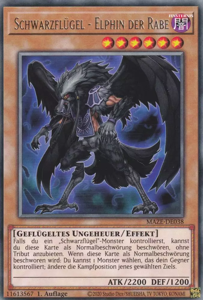 Schwarzflügel - Elphin der Rabe MAZE-DE038 ist in Rare Yu-Gi-Oh Karte aus Maze of Memories 1.Auflage