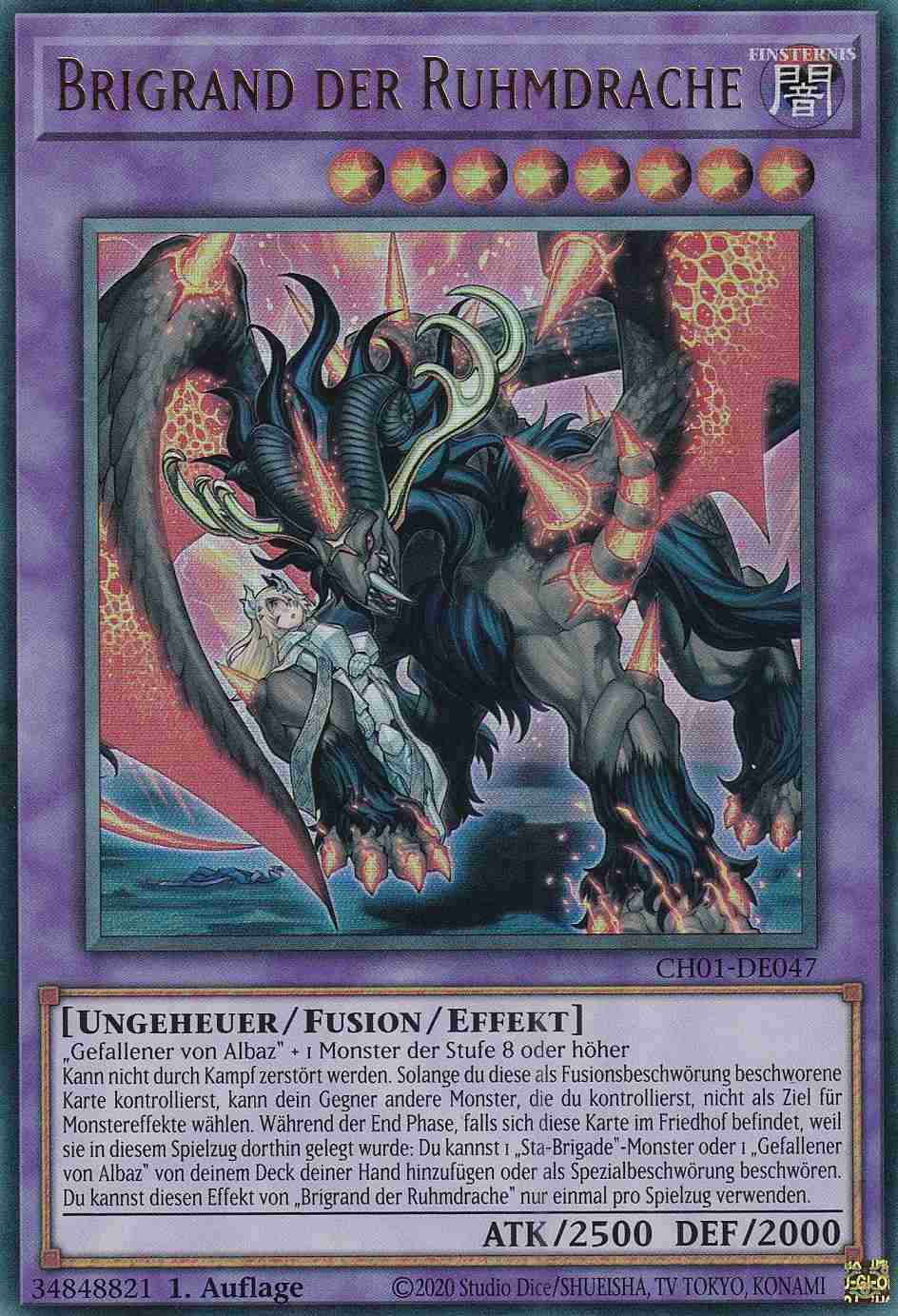 Brigrand der Ruhmdrache Ultra Rare CH01-DE047 Yugioh Karte Brigrand der Ruhmdrache CH01-DE047 ist in Ultra Rare Yu-Gi-Oh Karte aus THE CHRONICLES DECK: The Fallen & The Virtuous 1.Auflage