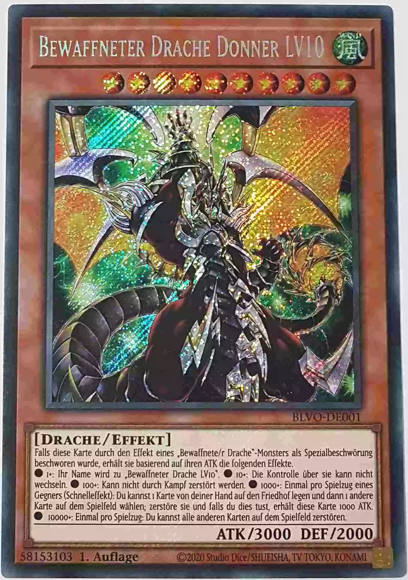Bewaffneter Drache Donner LV10 BLVO-DE001 ist in Secret Rare Yu-Gi-Oh Karte aus Blazing Vortex 1.Auflage