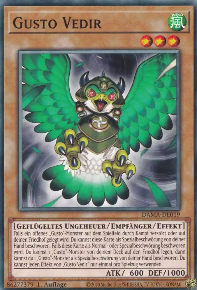 Gusto Vedir DAMA-DE019 ist in Common Yu-Gi-Oh Karte aus Dawn of Majesty 1.Auflage