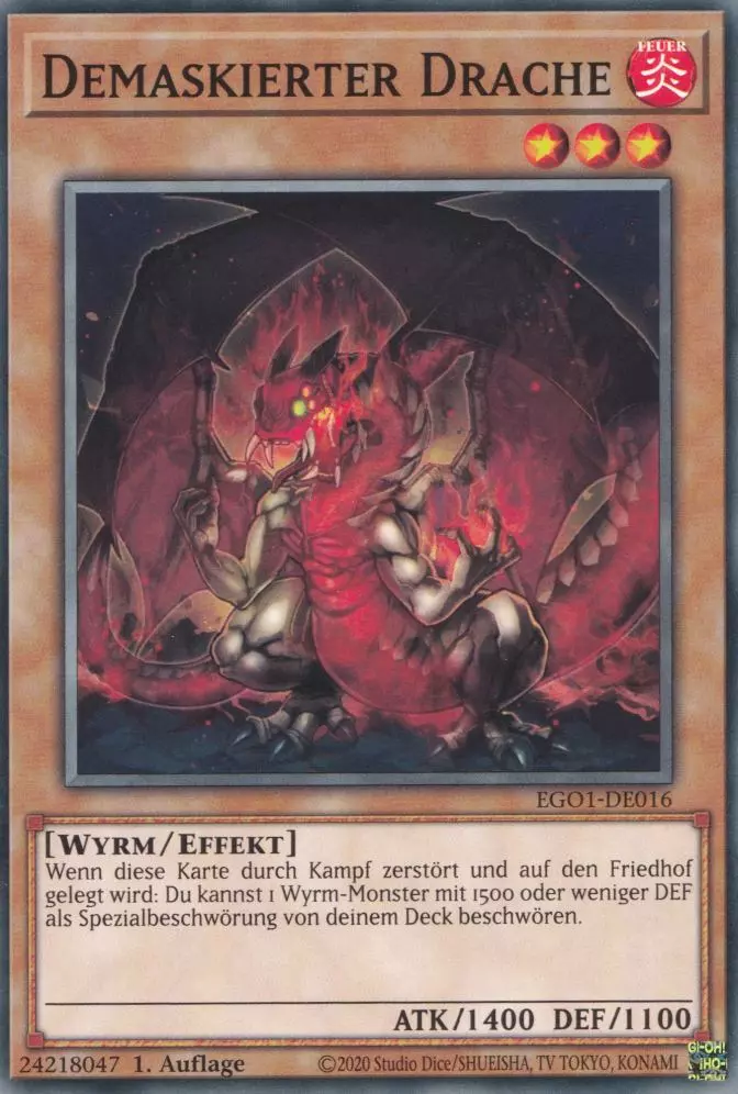 Demaskierter Drache EGO1-DE016 ist in Common Yu-Gi-Oh Karte aus Egyptian God Deck Obelisk 1.Auflage