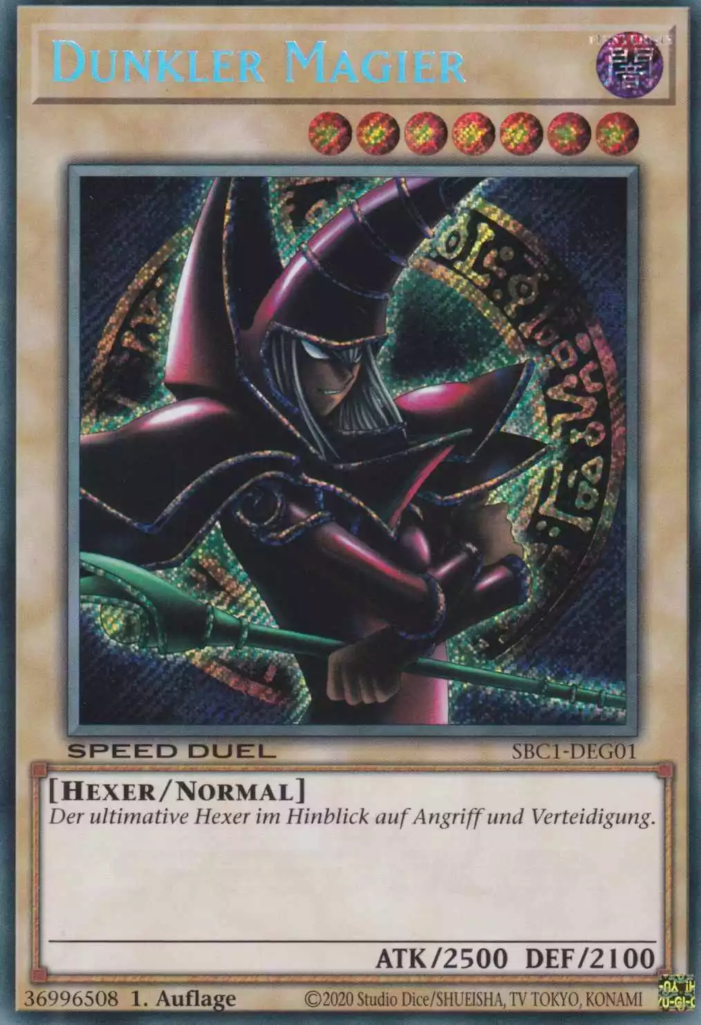 Dunkler Magier SBC1-DEG01 ist in Secret Rare Yu-Gi-Oh Karte aus Streets of Battle City 1.Auflage