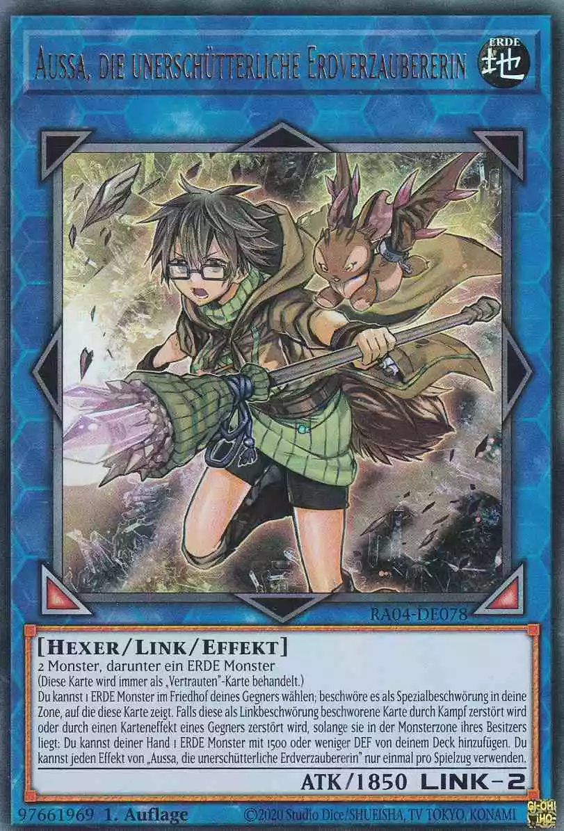 Aussa, die unerschütterliche Erdverzaubererin Ultra Rare RA04-DE078 Yugioh Karte Aussa, die unerschütterliche Erdverzaubererin RA04-DE078 ist in Ultra Rare Yu-Gi-Oh Karte aus Quarter Century Stampede 1.Auflage
