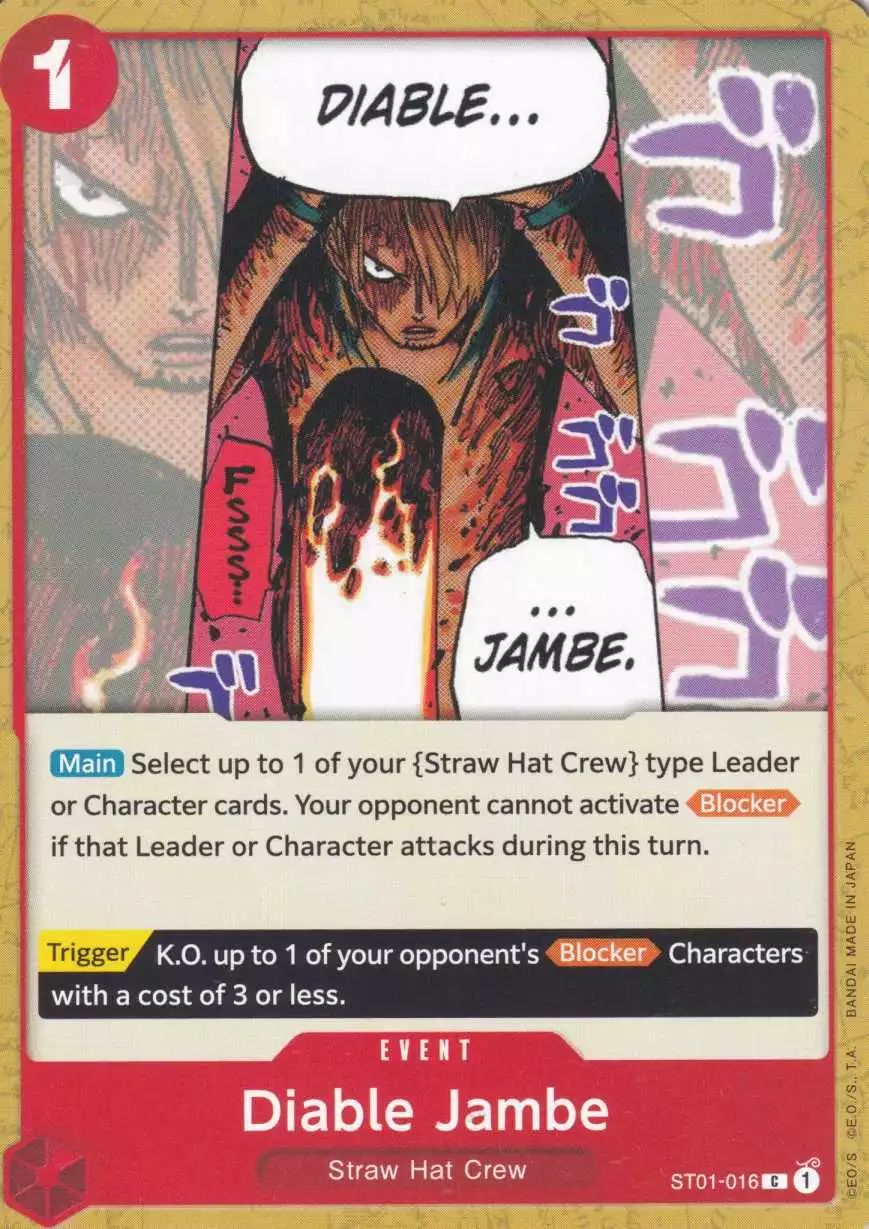 Diable Jambe ST01-016 ist in Common. Die One Piece Karte ist aus Straw Hat Crew ST01 in Normal Art.