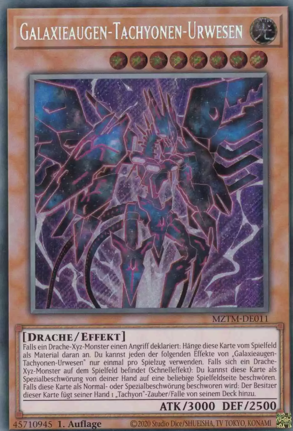 Galaxieaugen-Tachyonen-Urwesen MZTM-DE011 ist in Secret Rare Yu-Gi-Oh Karte aus Maze of the Master 1.Auflage