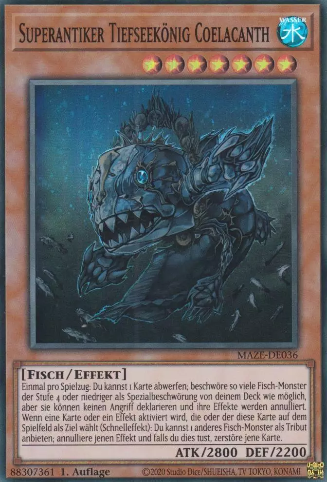 Superantiker Tiefseekönig Coelacanth MAZE-DE036 ist in Super Rare Yu-Gi-Oh Karte aus Maze of Memories 1.Auflage