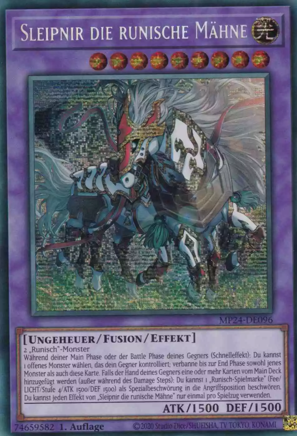 Sleipnir die runische Mähne Prismatic Secret Rare MP24-DE096 Yugioh Karte Sleipnir die runische Mähne MP24-DE096 ist in Prismatic Secret Rare Yu-Gi-Oh Karte aus 25th Anniversary Tin Dueling Mirrors 1.Auflage