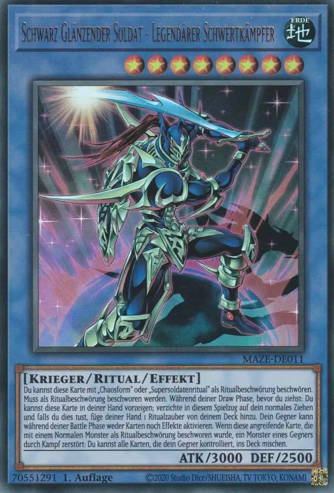 Schwarz Glänzender Soldat - Legendärer Schwertkämpfer MAZE-DE011 ist in Ultra Rare Yu-Gi-Oh Karte aus Maze of Memories 1.Auflage