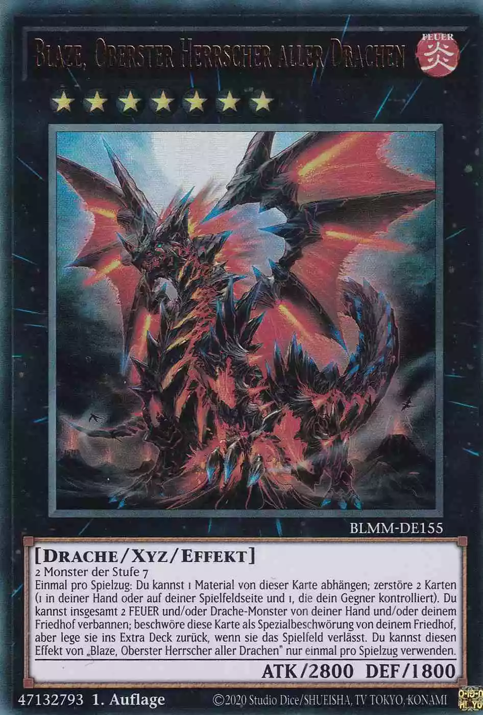 Blaze, Oberster Herrscher aller Drachen Ultra Rare BLMM-DE155 Yugioh Karte Blaze, Oberster Herrscher aller Drachen BLMM-DE155 ist in Ultra Rare Yu-Gi-Oh Karte aus Battles of Legend Monster Mayhem 1.Auflage