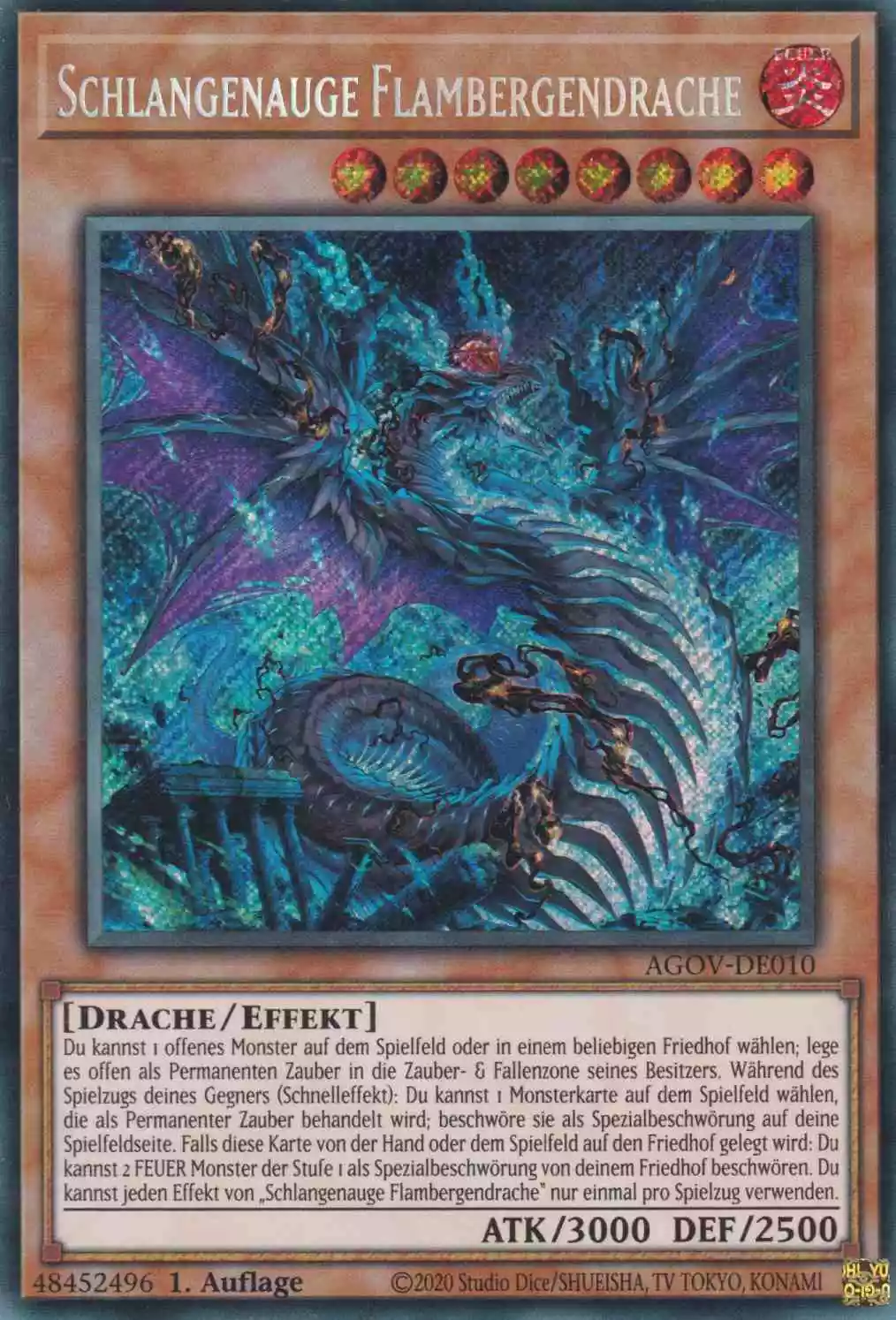 Schlangenauge Flambergendrache AGOV-DE010 ist in Secret Rare Yu-Gi-Oh Karte aus Age of Overlord 1.Auflage