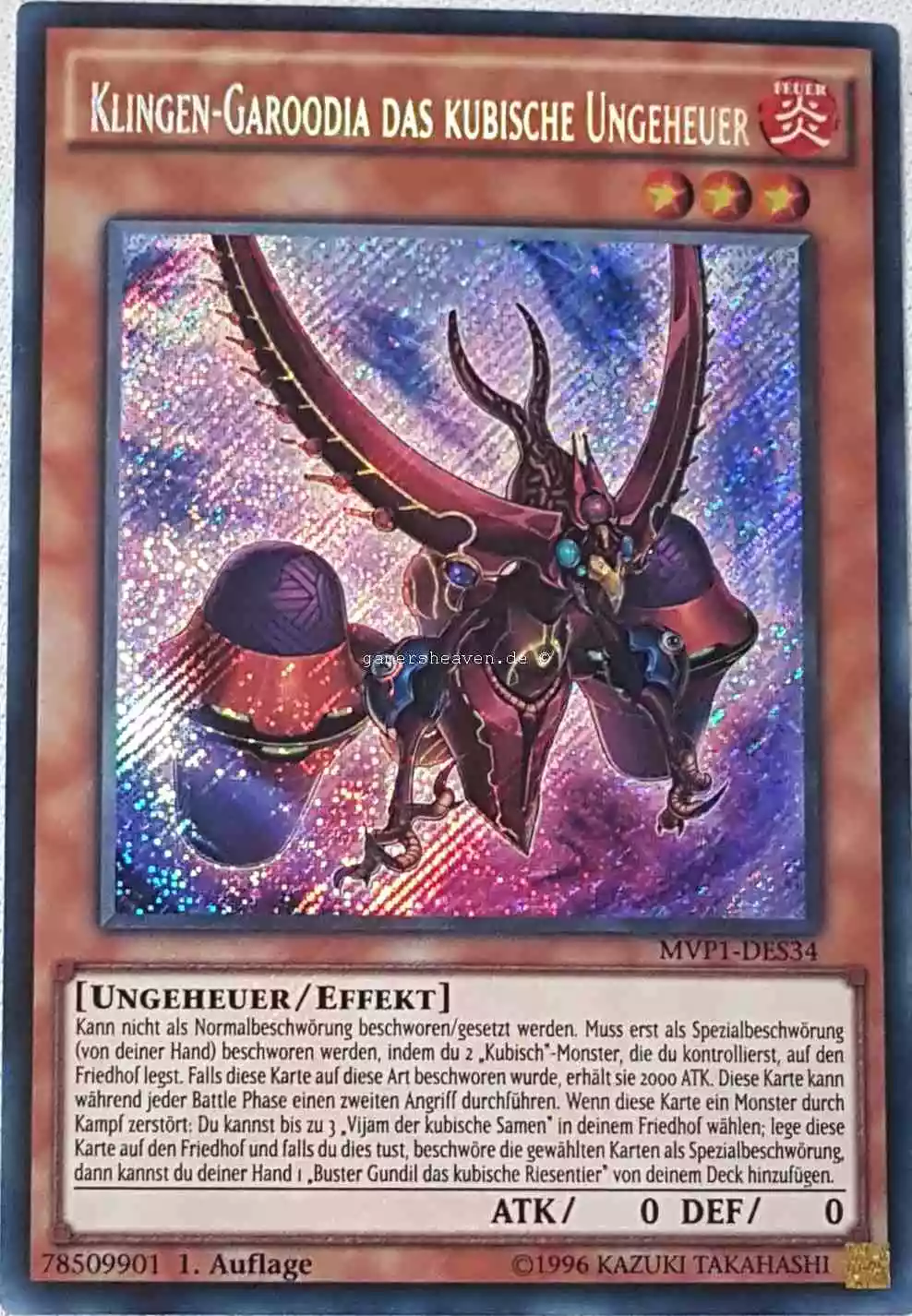 Klingen-Garoodia das kubische Ungeheuer MVP1-DES34 ist in Secret Rare aus The Dark Side of Dimensions Movie Pack Secret Edition 1.Auflage