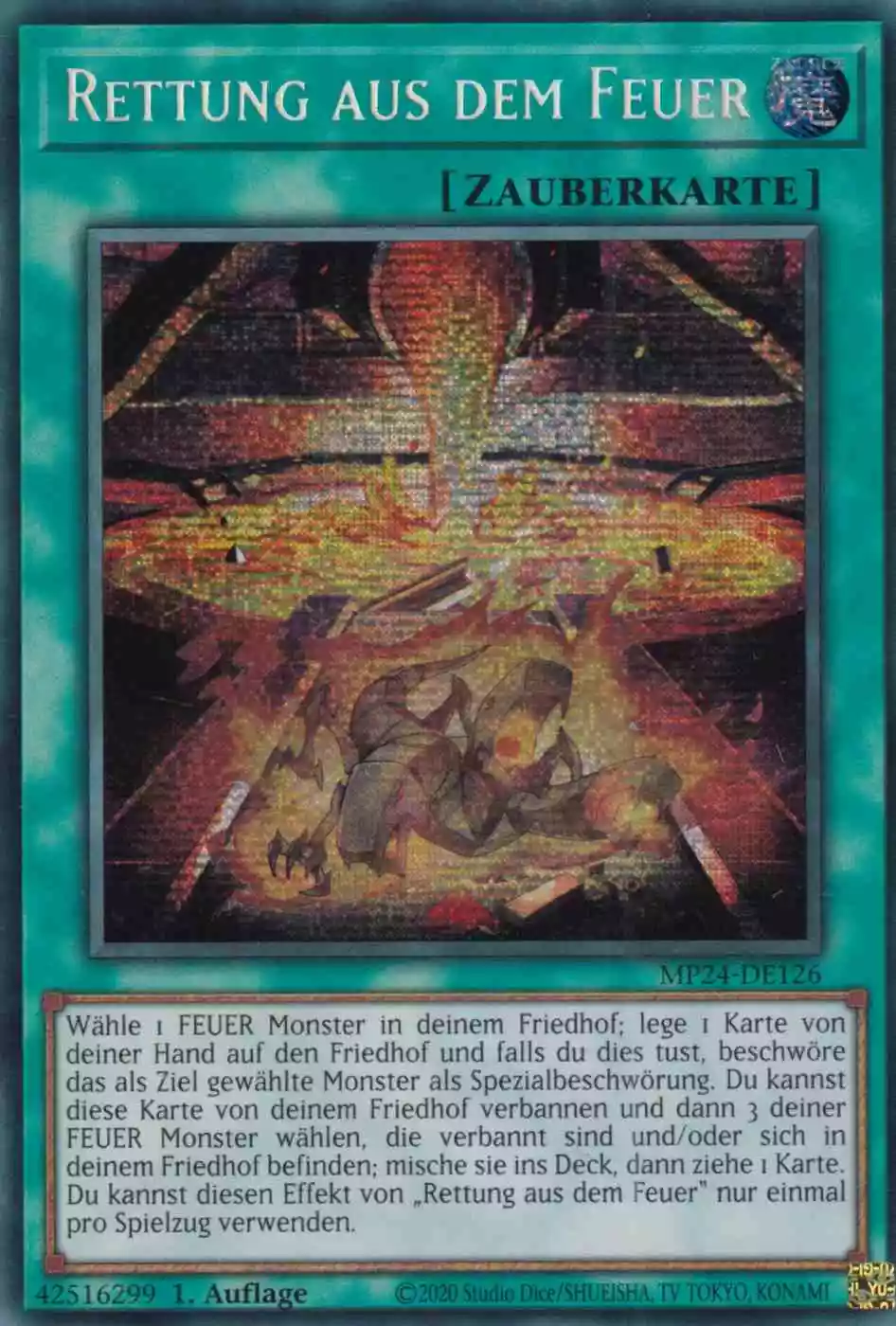 Rettung aus dem Feuer MP24-DE126 ist in Prismatic Secret Rare Yu-Gi-Oh Karte aus 25th Anniversary Tin Dueling Mirrors 1.Auflage