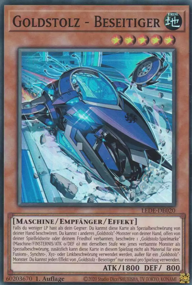 Goldstolz - Beseitiger LEDE-DE020 ist in Super Rare Yu-Gi-Oh Karte aus Legacy Of Destruction 1.Auflage