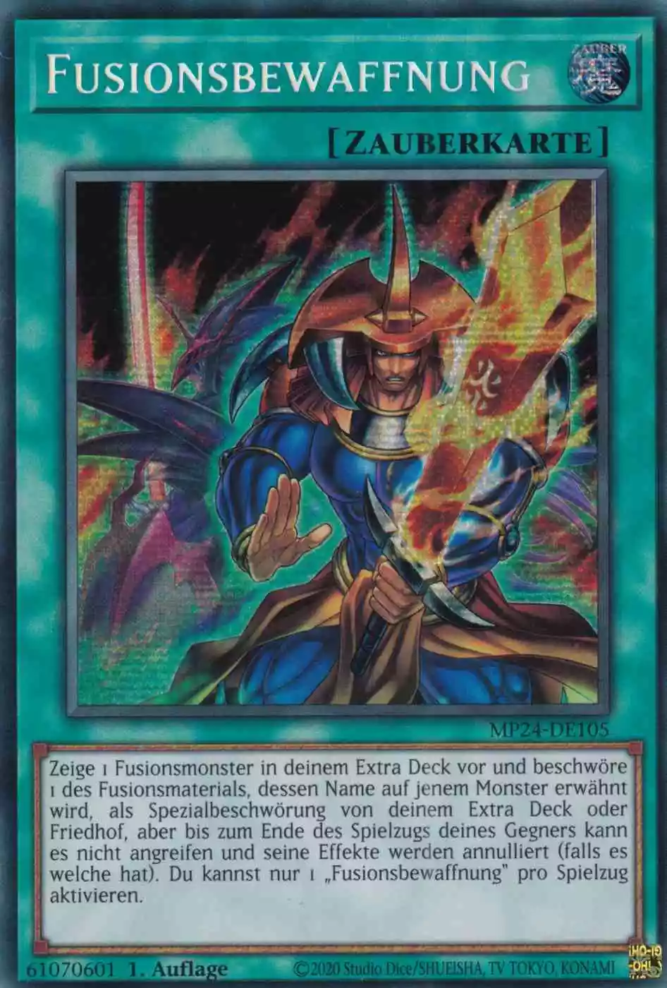 Fusionsbewaffnung MP24-DE105 ist in Prismatic Secret Rare Yu-Gi-Oh Karte aus 25th Anniversary Tin Dueling Mirrors 1.Auflage