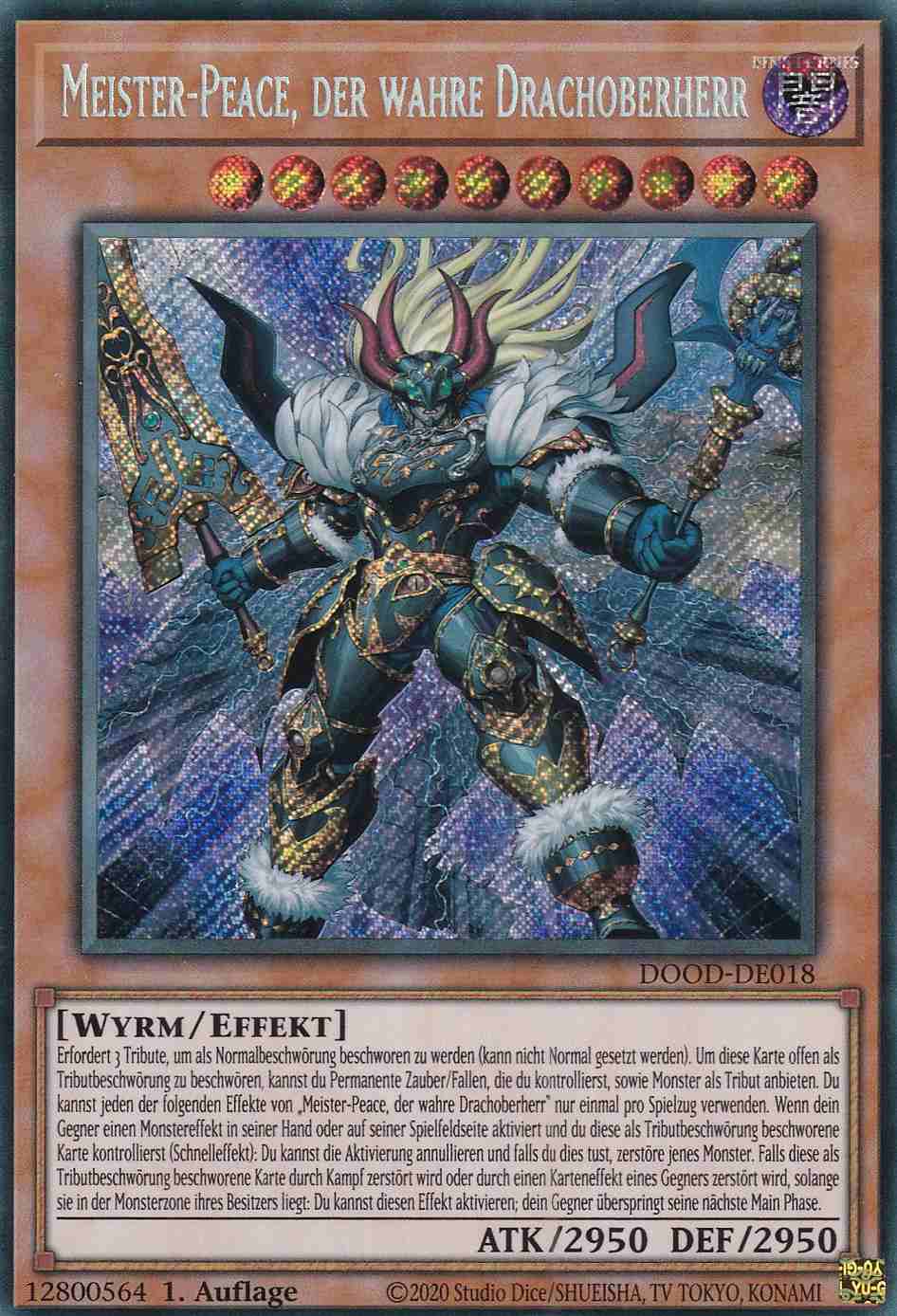 Meister-Peace, der wahre Drachoberherr DOOD-DE018 ist in Secret Rare Yu-Gi-Oh Karte aus Doom of Dimensions 1.Auflage