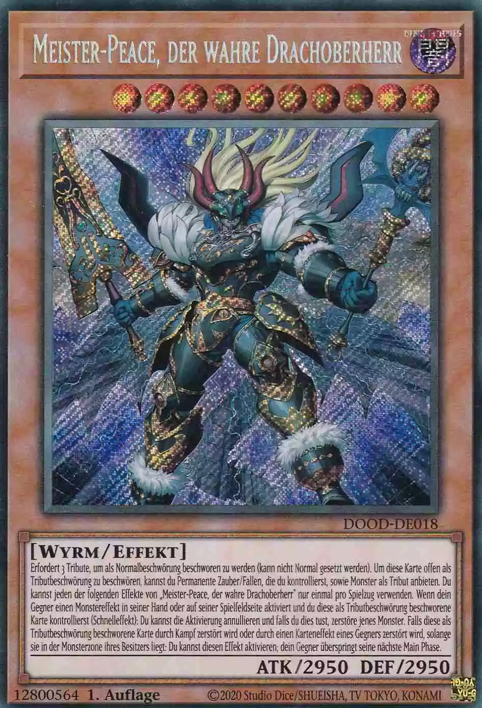 Meister-Peace, der wahre Drachoberherr Secret Rare DOOD-DE018 Yugioh Karte Meister-Peace, der wahre Drachoberherr DOOD-DE018 ist in Secret Rare Yu-Gi-Oh Karte aus Doom of Dimensions 1.Auflage