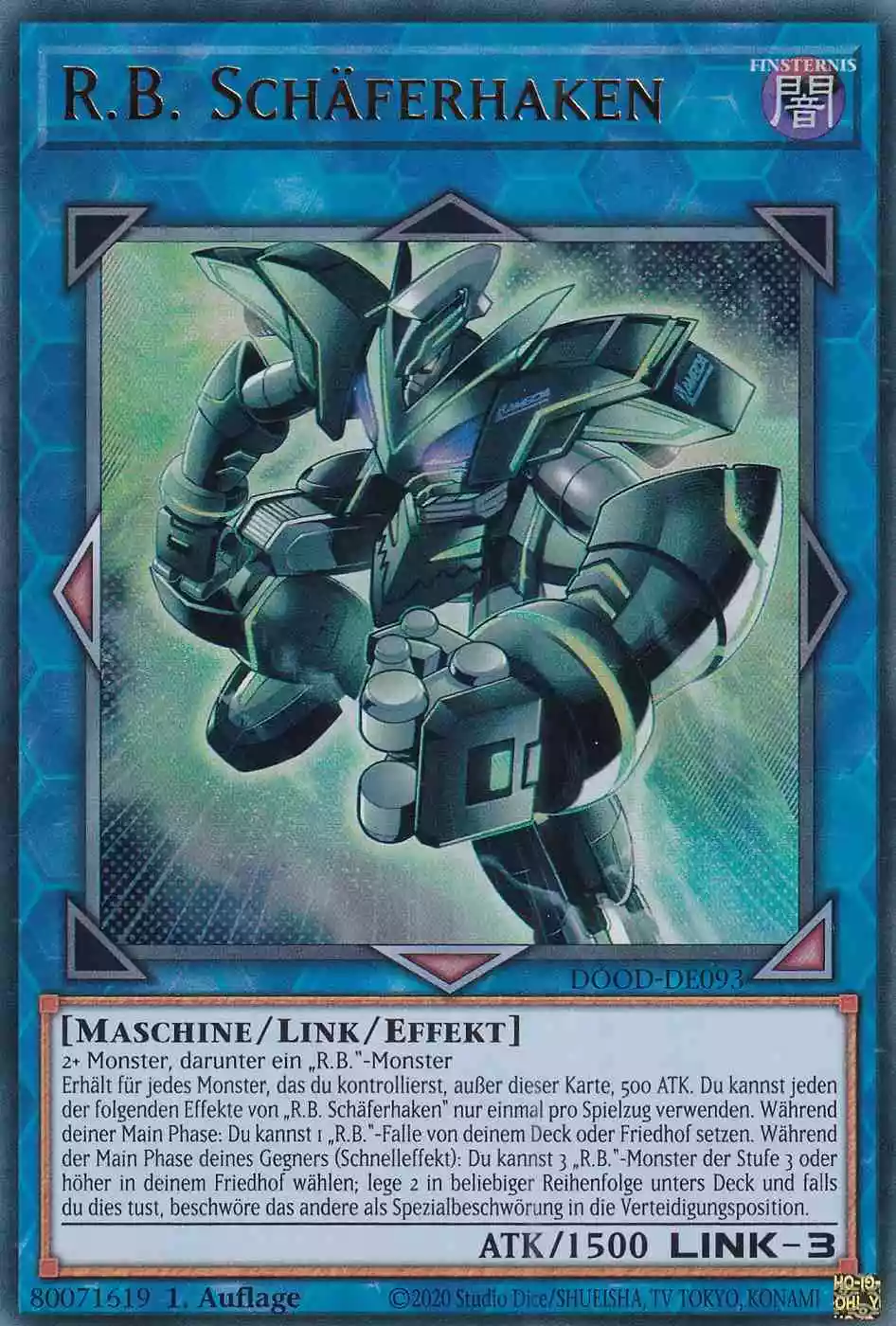 R.B. Schäferhaken Ultra Rare DOOD-DE093 Yugioh Karte R.B. Schäferhaken DOOD-DE093 ist in Ultra Rare Yu-Gi-Oh Karte aus Doom of Dimensions 1.Auflage
