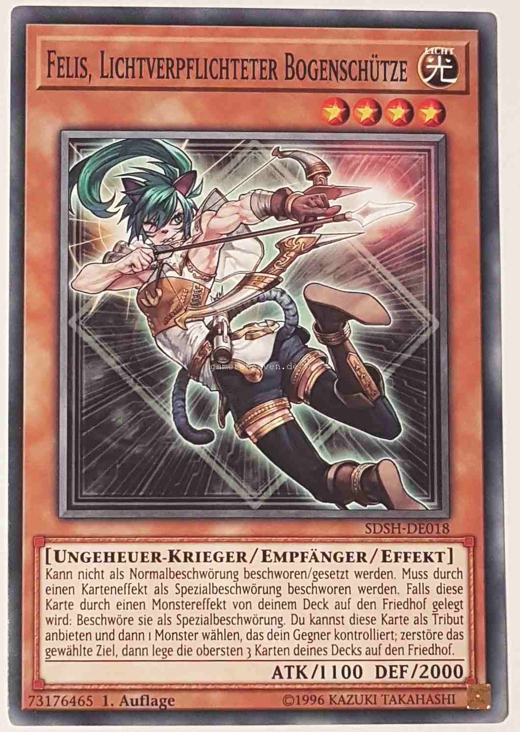 Felis, Lichtverpflichteter Bogenschütze SDSH-DE018 ist in Common Yu-Gi-Oh Karte aus Shaddoll Showdown 1.Auflage