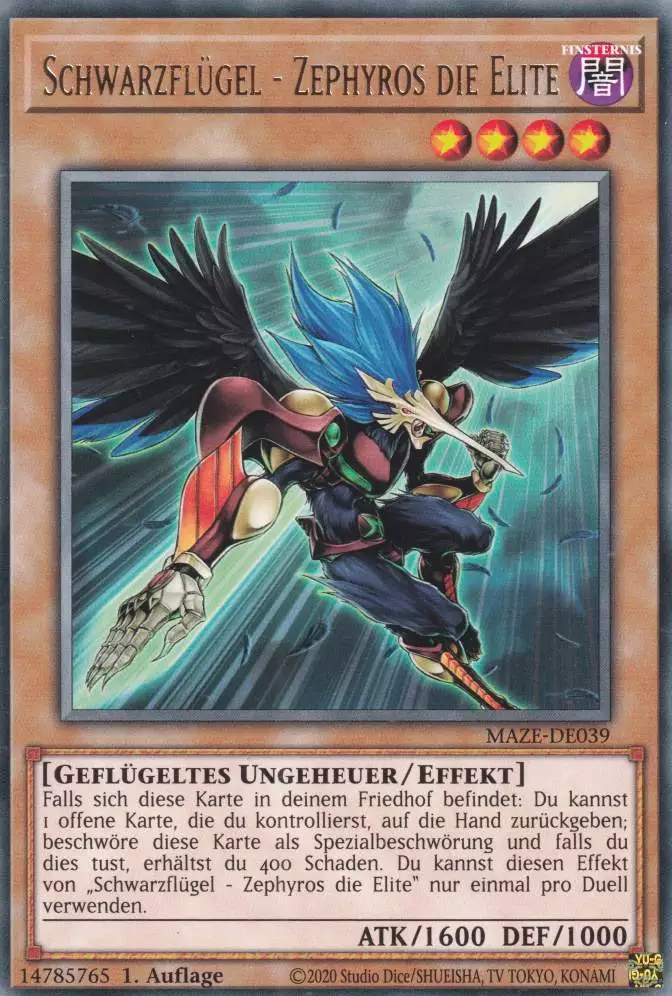 Schwarzflügel - Zephyros die Elite MAZE-DE039 ist in Rare Yu-Gi-Oh Karte aus Maze of Memories 1.Auflage