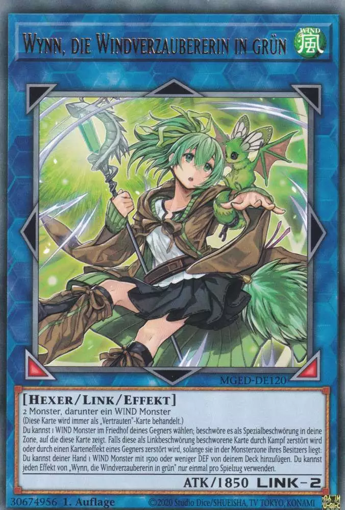 Wynn, die Windverzaubererin in grün MGED-DE120 ist in Rare Yu-Gi-Oh Karte aus Maximum Gold El Dorado 1.Auflage