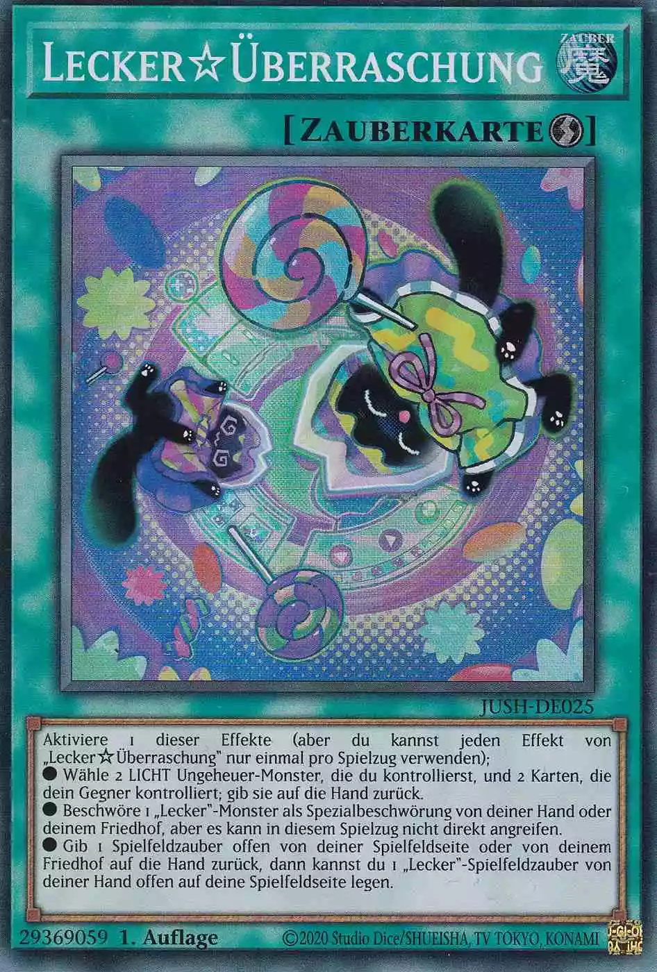Lecker☆Überraschung JUSH-DE025 ist in Super Rare Yu-Gi-Oh Karte aus Justice Hunters 1.Auflage