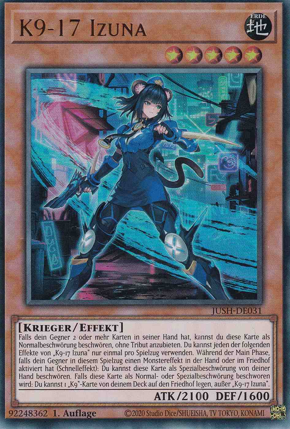K9-17 Izuna JUSH-DE031 ist in Ultra Rare Yu-Gi-Oh Karte aus Justice Hunters 1.Auflage