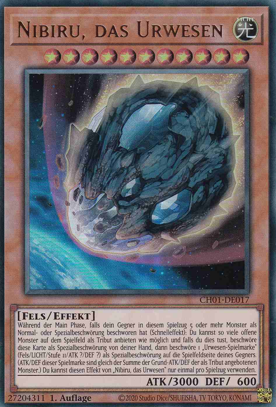 Nibiru, das Urwesen Ultra Rare CH01-DE017 Yugioh Karte Nibiru, das Urwesen CH01-DE017 ist in Ultra Rare Yu-Gi-Oh Karte aus THE CHRONICLES DECK: The Fallen & The Virtuous 1.Auflage
